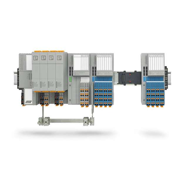 Über den auf der Tragschiene angebrachten Bussockel wird die Versorgung der einzelnen I/O-Module realisiert und somit der Verkabelungsaufwand reduziert.