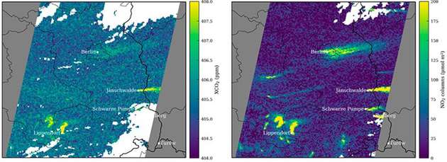 Satellitenbilder aus den Empa-Simulationen: Das Bild links zeigt die Messungen des CO2-Instruments, das Bild rechts des NO2-Instruments des Satelliten. Deutlich zu erkennen sind die Emissionen der Stadt Berlin sowie mehrerer Kohlekraftwerke.