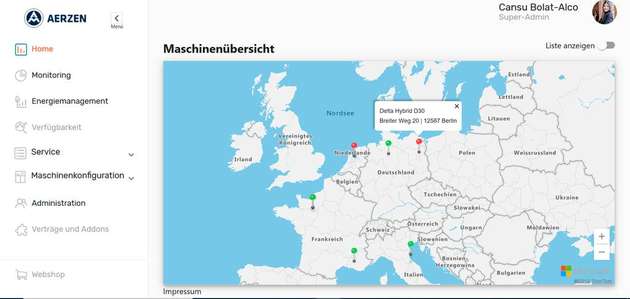 Mit dem Machine Park Management sieht der Anwender alle aktiven Anlagen auf einer interaktiven Weltkarte.