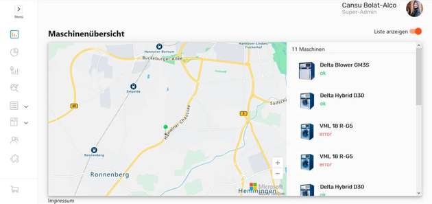 Im Monitoring-Menü werden relevante Prozessparameter und etwaige Störungen angezeigt.