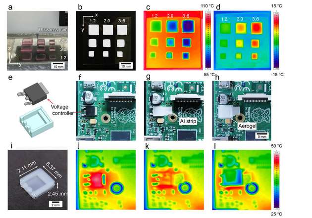 Die Wärmebildaufnahmen zeigen, wie die Hitze eines Spannungsreglers auf einem Motherboard abgeschirmt wird (links ohne Isolation, in der Mitte mit einem Aluminiumstreifen, rechts mit einem maßgeschneiderten, 3D-gedruckten Aerogel-Block).