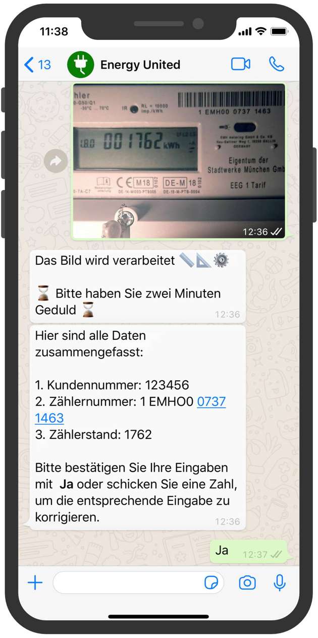 Nach dem Plausibilitätscheck durch das CRM-System gibt ein automatisierter Agent (Chatbot) Feedback an den Kunden, ob alle Daten erkannt wurden und plausibel sind.