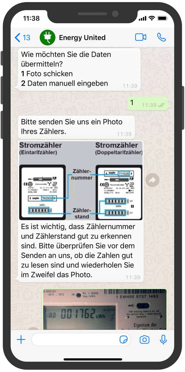 Die Übermittlung des Zählerstands kann per Foto oder manueller Eingabe erfolgen.