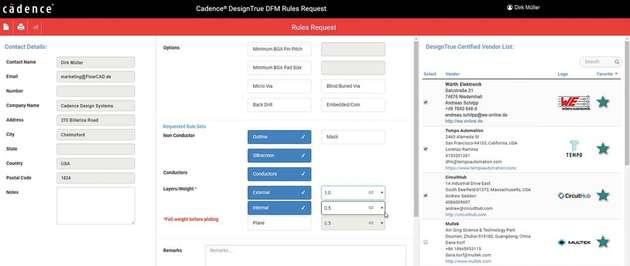 Im DFM-Portal von Cadence können Designer ihr Projekt technisch beschreiben und die Anfrage nach dem projektbezogenen DFM-Regelsatz an einen beziehungsweise gleichzeitig an mehrere Leiterplattenhersteller versenden.