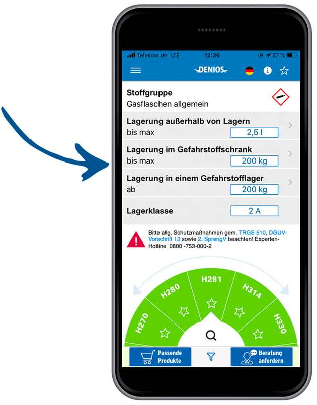 Ist ein Gefahrstoff ausgewählt, werden direkt alle benötigten Informationen angezeigt. Beim Klick auf die jeweilige Information erhalten Nutzer weiterführende Hinweise zu allgemeinen Sicherheitsmaßnahmen und relevanten Gesetzesquellen.