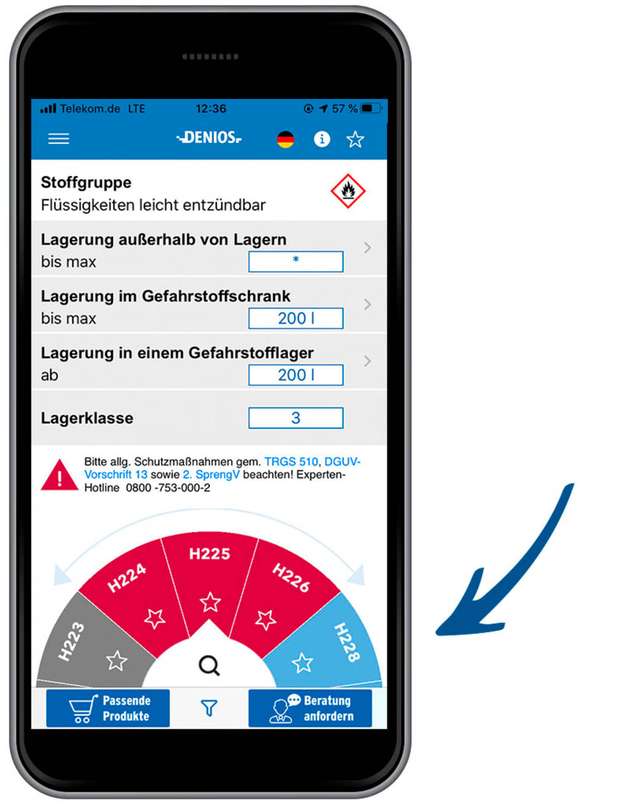 Der Gefahrstoff lässt sich bequem über eine Drehscheibe einstellen. Alternativ kann man auch den gewünschten H-Satz in die Suchleiste eingeben.