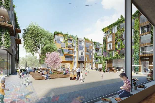 Der kleine Quartiersplatz des Berlin TXL Schumacher-Quartiers.