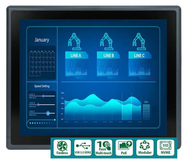 Mit frontseitigem IP66-Schutz und Einsatztemperaturbereich von -10 bis 50 °C eignet sich der Panel-PC für industrielle Umgebungen.