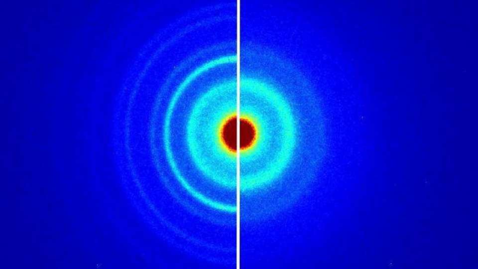 Ordnung versus Unordnung: Elektronen werden in der kristallinen Struktur einer Verbindung aus Germanium, Antimon und Tellur (GST) anders gebeugt als in der amorphen. Das Beugungsbild des Kristalls (links) lässt sich daher von demjenigen des amorphen Materials (rechts) gut unterscheiden. 