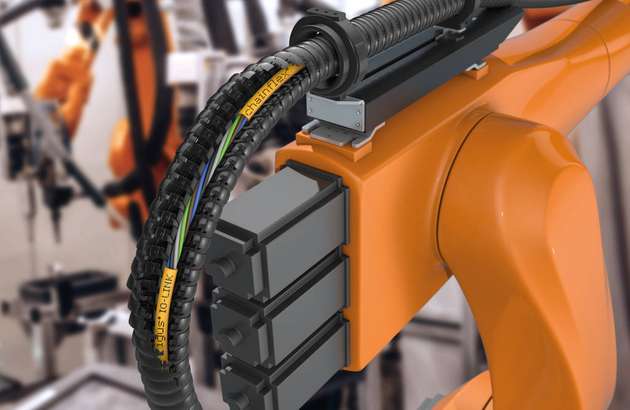 Die neuen Chainflex-IO-Link-Leitungen sind speziell für den Einsatz in der Torsion am Roboter und auch für höchste Beanspruchungen in der Energiekette ausgelegt. 