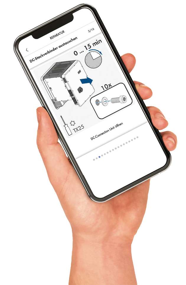 Die Universal-App SMA 360° liefert unter anderem mobile Reparaturanleitungen für PV-Anlagen.