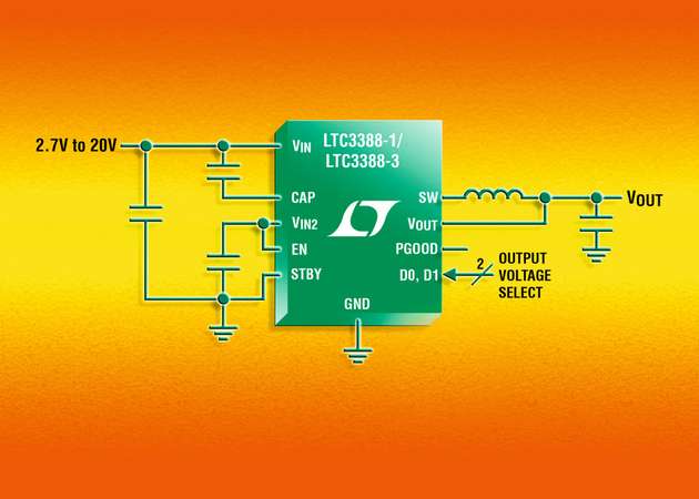 Gute Energieernte im Low-Power-Segment: Der synchrone Buckwandler erzielt für Lasten von 15 µA bis 50 mA über 90 Prozent Effizienz.