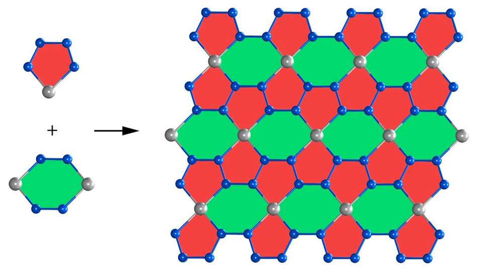 Eine einzelne Schicht des neuen Materials Beryllonitren besteht aus BeN4-Fünfecken und Be2N4-Sechsecken. Die Beryllium-Atome sind als graue Bällchen, Stickstoff-Atome als blaue Bällchen dargestellt.