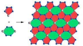 Eine einzelne Schicht des neuen Materials Beryllonitren besteht aus BeN4-Fünfecken und Be2N4-Sechsecken. Die Beryllium-Atome sind als graue Bällchen, Stickstoff-Atome als blaue Bällchen dargestellt.