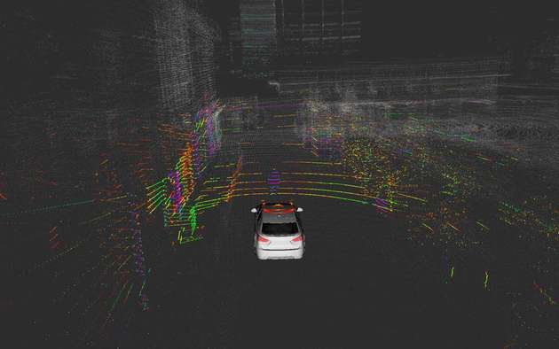 Laserscan der Empa-Teststrecke: links das Laborgebäude, rechts Bäume, vor dem Auto ein Fußgänger