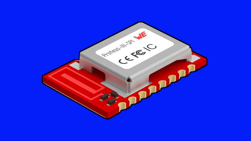 Das Proteus-III-SPI bringt Antenne, Verschlüsselungstechnik und sechs konfigurierbare IO-Pins auf 8 mm × 12 mm × 2 mm Fläche unter.