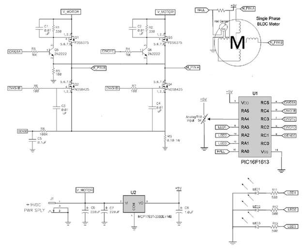 Die Vollbrücke besteht aus zwei p-Kanal-MOSFETs als High-Side-Schalter und zwei n-Kanal-MOSFETs als Low-Side-Schalter. Der Vorteil des p-Kanal-Transistors ist die einfache Gate-Ansteuerung des High-Side-Schalter, was die Kosten für den Gate-Treiberschaltkreis auf der High-Side verringert.