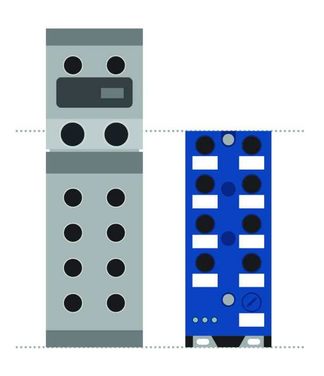 Im Vergleich zu ethernetbasierten Feldbusmodulen (links) sind vergleichbare ASi-5 Module (beide mit jeweils 8 Ports) dank Durchdringungstechnik nicht nur günstiger, sondern auch deutlich kompakter.