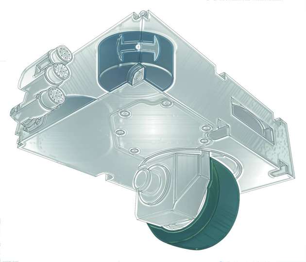 Das Fahr-Lenk-System ArgoDrive von ebm-papst für Fahrerlose Transportfahrzeuge ist eine Einheit bestehend aus Motoren, speziellem Getriebe, Sensorik und allen erforderlichen Anschlüssen und erlaubt flächenbewegliches Navigieren.