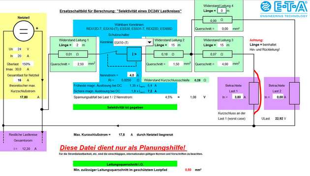 Das Lastberechnungstool unterstützt bei der Berechnung von DC 24 V-Applikationen.