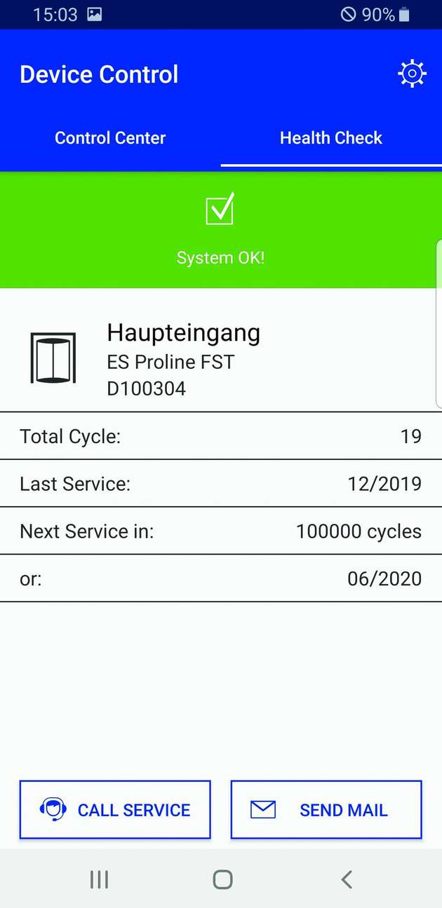 Die Smart Device App zeigt alle wichtigen Parameter der Türsteuerung.