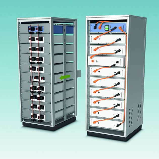 Lösungen für Rack-Systeme im Vergleich: Einschubsystem, das direkt auf die Stromschienen kontaktiert (links) sowie die flexible, kabelgebundene Lösung mittels Batteriepolstecker (rechts).