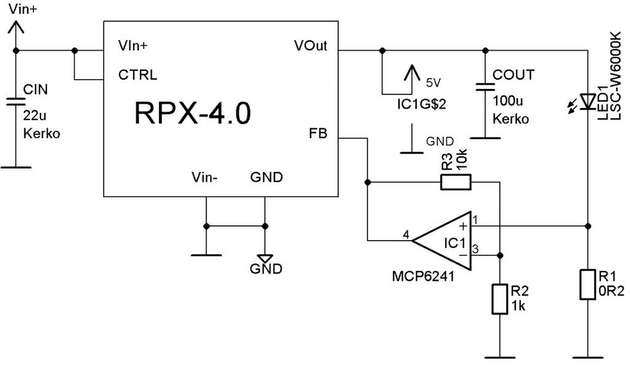 Mit einem Spannungsregler und einem Operationsverstärker lässt sich eine einfache Schaltung realisieren, die bezüglich der LED die Stromquellencharakteristik hat.