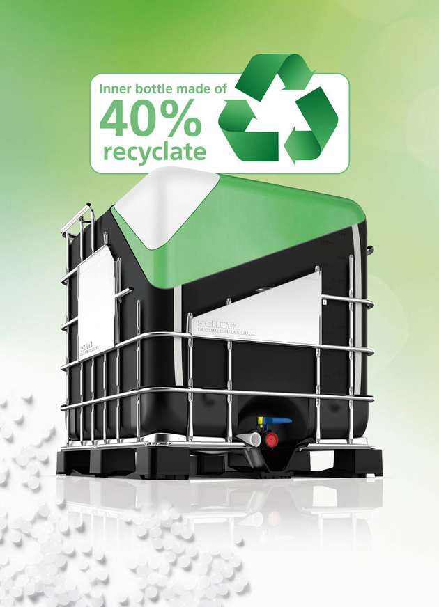 Für eine zusätzlich optimierte Ökobilanz: Die mittlere Schicht des IBC-Innenbehälters der Green Layer Serie von Schütz verfügt über einen Rezyklat-Anteil von 40 Prozent.