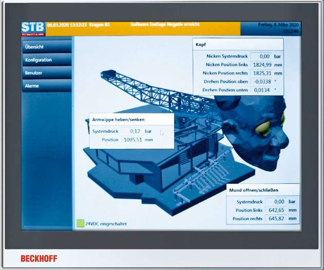 Im Hauptschrank und im Bedienstand zur Ansteuerung der Hydraulik ist jeweils ein 15-Zoll-Multitouch-Einbau-Control-Panel CP2915 von Beckhoff im Einsatz.