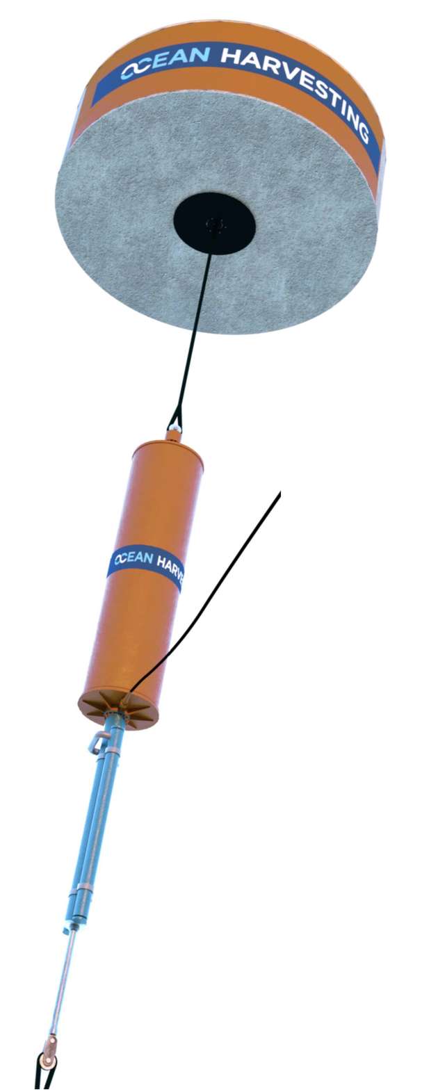 Bild 4: Das „Power take-off“- Modul mit den Kernkomponenten Kugelgewindetriebe, Hydrauliksystem und Generator wird in einem abgedichteten und klimatisierten Gehäuse (orange) unterhalb der Meeresoberfläche installiert.