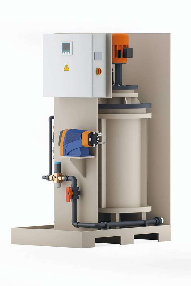 Polymeransetzstation und Dosiersystem Dulcodos Ulia, speziell für das Ansetzen einer vollständigen Flüssigpolymerlösung: Das System ist ausgelegt für Entnahmemengen von 100-400 l/h bei einem maximalen Gegendruck von 4,5 bar.