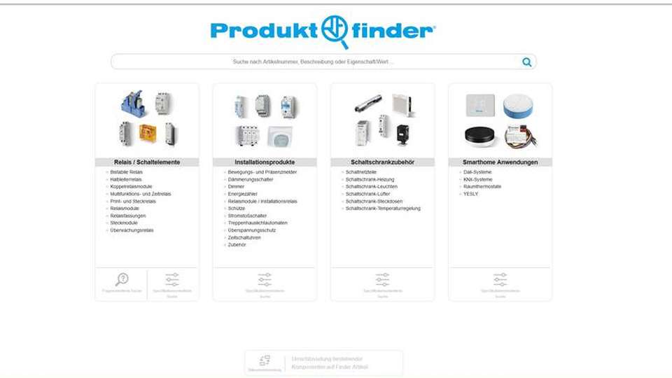Die Startseite der Software Produkt.Finder ist übersichtlich gestaltet und dadurch sofort und intuitiv verständlich.