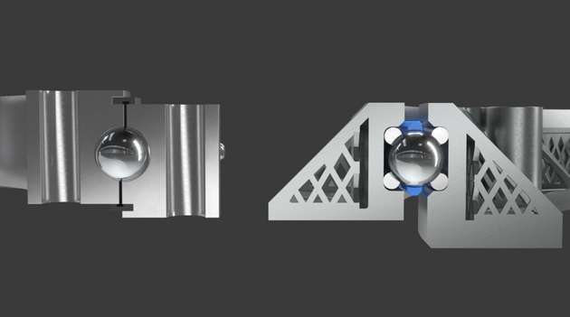 Prinzipvergleich: links ein herkömmliches Wälzlager, rechts ein Drahtwälzlager mit leichten Gehäuseringen aus dem 3D-Drucker.