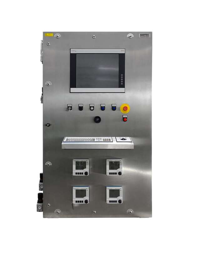 Principle of the Ex p pressurized cabinet: The positive pressure on the inside of the enclosure ensures that no explosive gasses are able to penetrate the enclosure from the outside.