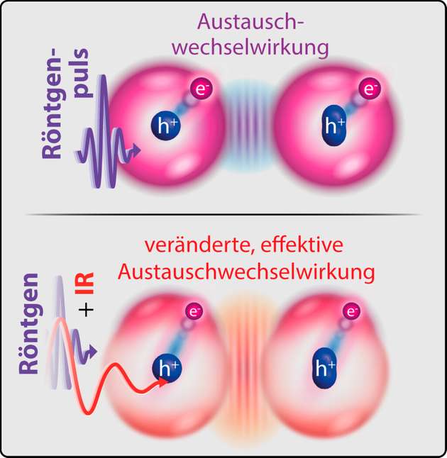 Austauschwechselwirkung zwischen dem durch Röntgenlicht angeregten Elektron (e-) und dem zurückgelassenen Loch im aufgespaltenen Energieniveau (h+ in Kreis beziehungsweise Oval) ohne (oben) und mit (unten) Infrarot-Laserpuls, der das Elektron weiter anregt