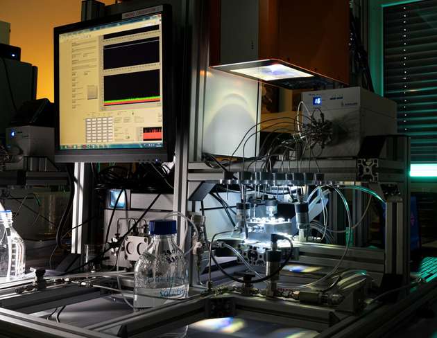 Photokatalytische Membranfiltrationsanlage mit Sonnensimulator. Die Membranen sind mit Titandioxid beschichtet.