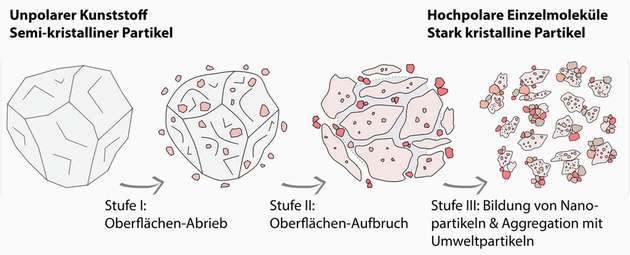 Ablauf des dreistufigen Abbaus von Polyethylen-Partikeln: In der Umwelt findet die Aggregation insbesondere mit natürlichen kolloidalen Systemen statt.