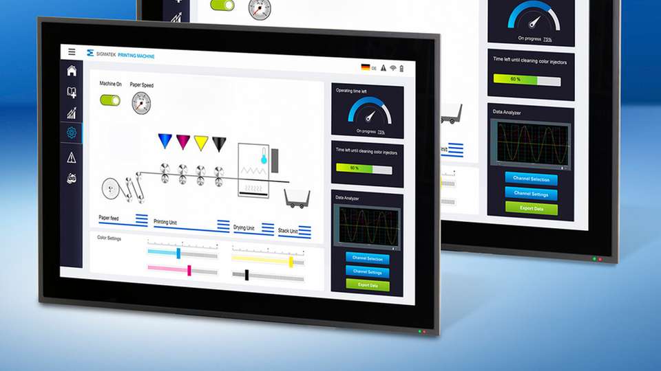 Die Bedienpanels ETT 1064 und 1264 mit kapazitivem 10,1 und 12,1 Zoll Multitouchscreen verfügen über eine flüssige und moderne (Web-)Visualisierung.