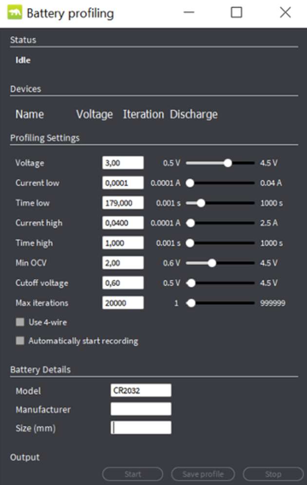 Einstellungen des Batterie-Profilers für die CR2032-Knopfzelle