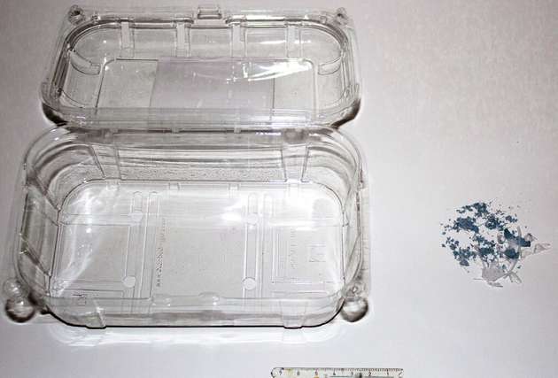 Von einer Obstschale aus PET blieben nach den Versuchen lediglich Farbstoff und Reste von Schnittkanten zurück.