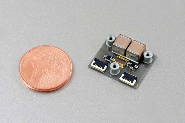 400 V pro 10 A Halbbrückenmodul mit zwei 170 mΩ GaN-Transistorchips – ein Beispiel für FBH-Entwicklungen aus der III/V-Elektronik für Weltraumanwendungen.
