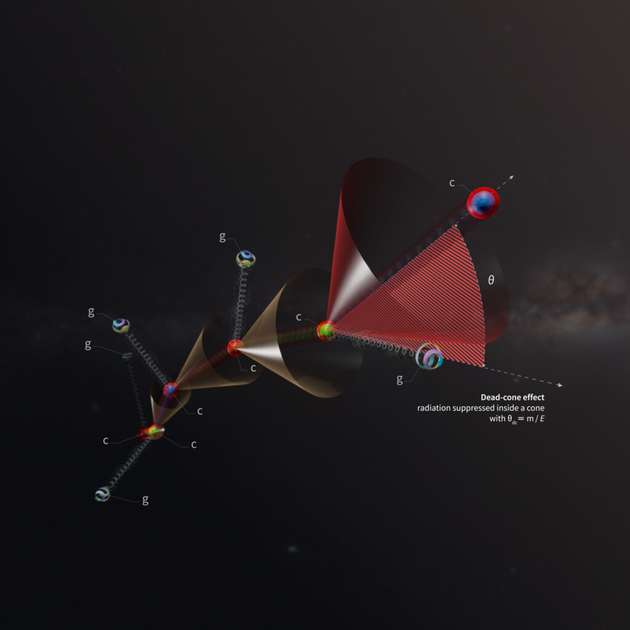 Ein Charm-Quark (c) in einem Partonenschauer verliert Energie, indem es Strahlung in Form von Gluonen (g) aussendet. Der Schauer zeigt einen toten Kegel aus unterdrückter Strahlung um das Quark herum für Winkel, die kleiner sind als das Verhältnis von Masse (m) und Energie (E) des Quarks. Die Energie nimmt in jeder Phase des Schauerprozesses ab.