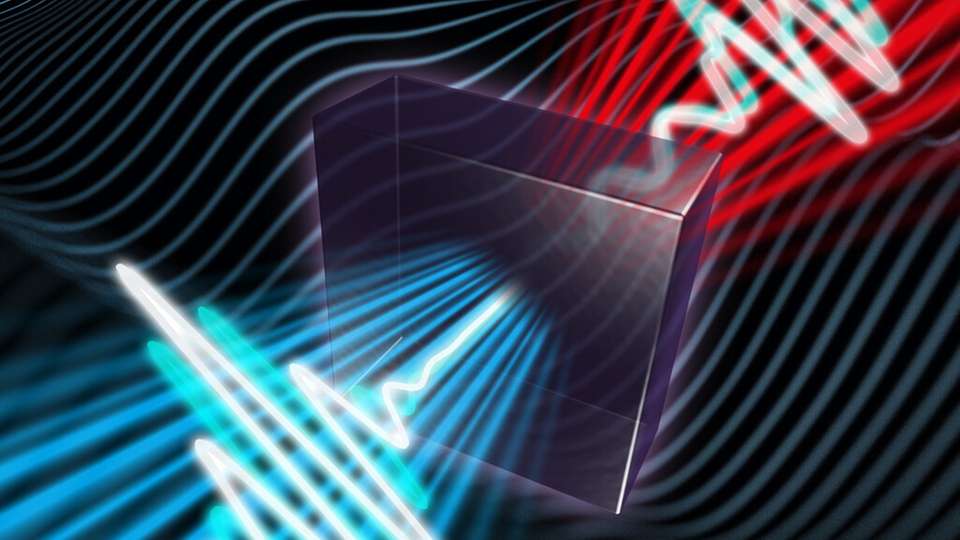 Ultrakurze Laserpulse werden in einen nichtlinearen Kristall geschickt und durchlaufen komplexe Frequenz-Mischprozesse.