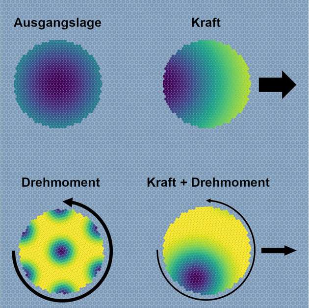 Schematische Darstellung der Entwicklung von Moiré-Mustern unter dem Einfluss äußerer Kräfte und Drehmomente für einen kreisförmigen Cluster in Wechselwirkung mit einer periodisch strukturierten Oberfläche.