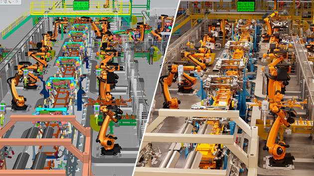 Siemens Process Simulate (links) ist mit Nvidia Omniverse (rechts) verbunden, um einen fotorealistischen, digitalen Zwilling mit voller Designtreue in Echtzeit zu ermöglichen.