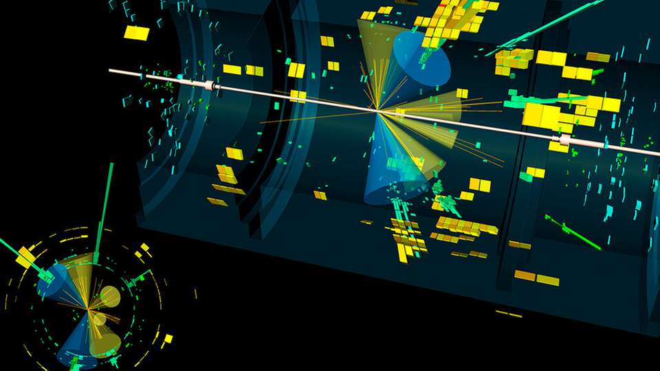 Ein Kollisionsereignis im ATLAS-Detektor: Ein Higgs-Boson koppelt an ein Top-Quark