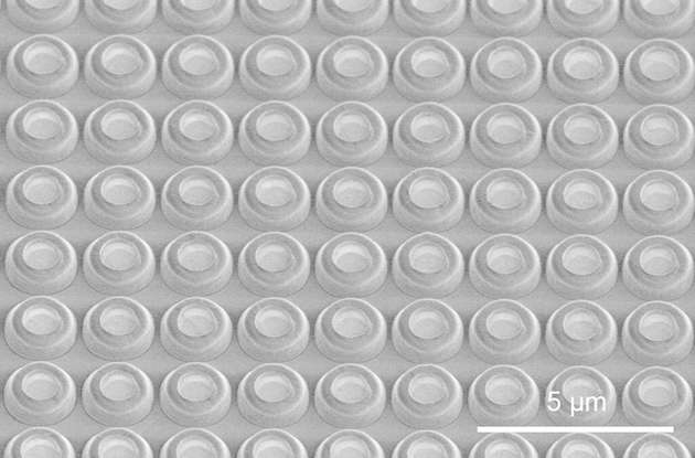 Elektronenmikroskopische Aufnahme eines Arrays von UV-Mikro-LEDs mit 2 µm Abstand (Pitch)