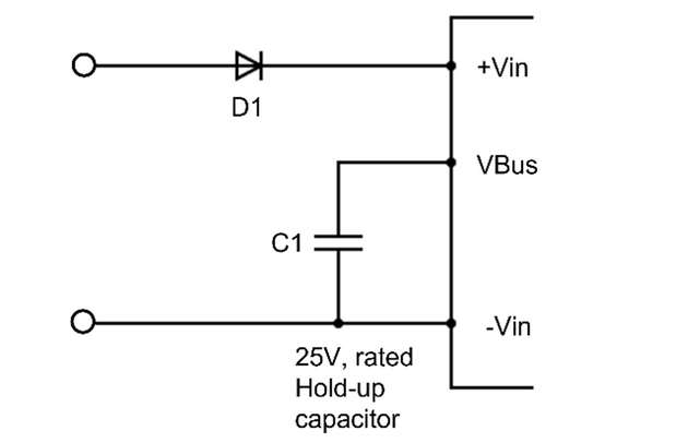 Vereinfachtes Schaltbild der Überbrückungskondensatorbank bei Verwendung eines DC/DC-Wandlers mit einem speziellen Überbrückungskondensatoranschluss („Bus-Pin“).