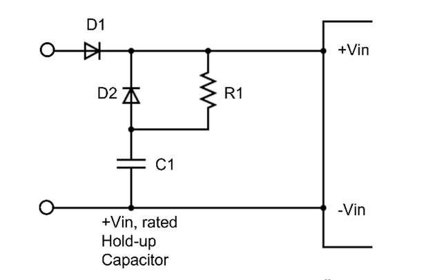Vereinfachtes Schaltbild der Überbrückungskondensatorbank für den Fall, dass der DC/DC-Wandler nicht über einen spezielle Überbrückungskondensatoranschluss verfügt.