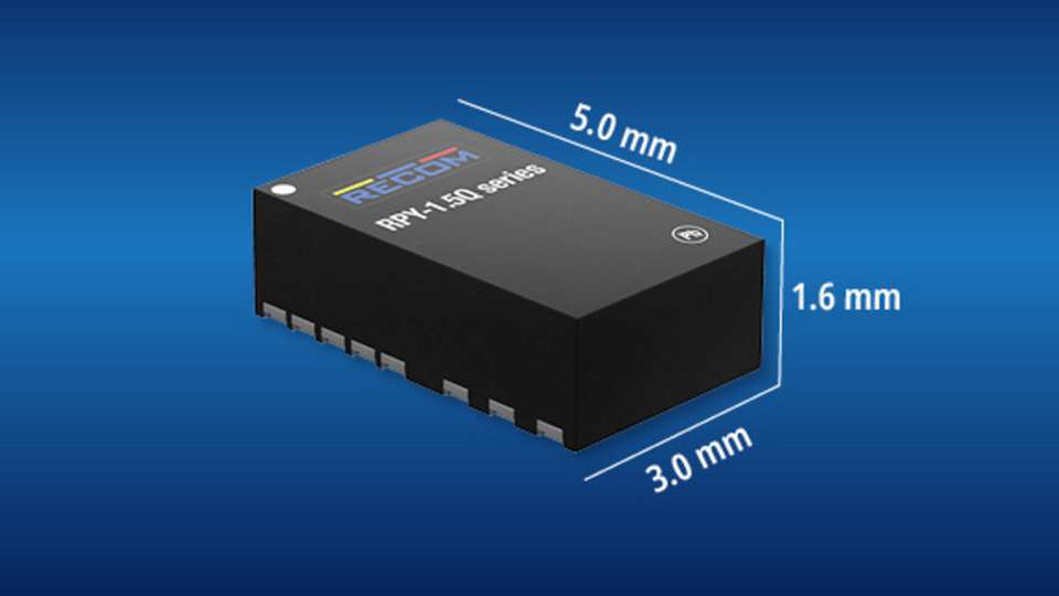 Der RPY-1.5Q hat einen Eingangsbereich von 4 bis 36 VDC und ist 3 mm x 5 mm x 1,6 mm groß.